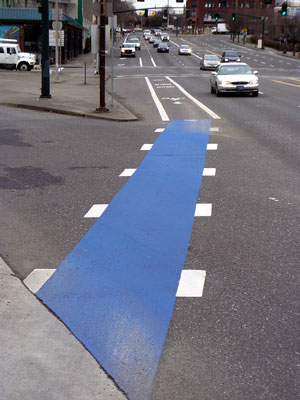 Blue bike lane marking in Portland