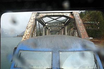 View of engine out front of train