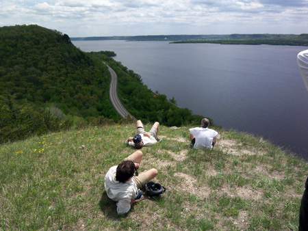 Large Depth of Field with tiny camera and sensor and very short lens.  Atop Maiden Rock outcrop during the Lake Pepin Three Speed Tour.  Near Maiden Rock, Wisconsin, May 2007.  Kodak V705, 3.8mm lens, 1/320th at f/5.6, ISO 50.  Photo by Matthew Cole.