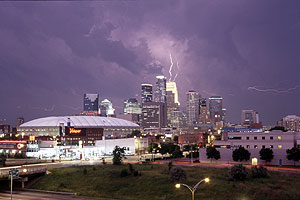 Downtown Minneapolis with Lightning after Dark