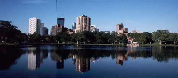 Minneapolis Skyline over Loring Park Pond as a panorama